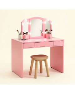 Vanity Beauty Station Makeup Table And Wooden Stool 3 Mirrors With Led Lights (synthetic illustration; no displayed measurements)