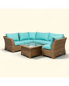 Latitude Run® 8Pcs Rattan Patio Conversation Set Outdoor Furniture Set W/ Turquoise Cushions (synthetic illustration; no displayed measurements)