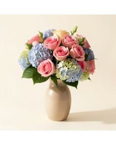 Roses And Hydrangea Floral Arrangement In Vase (synthetic illustration; no displayed measurements)
