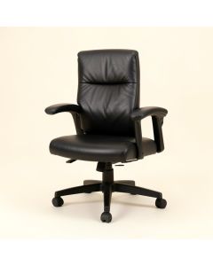 Black Leather Chair With Padded Arms (synthetic illustration; no displayed measurements)