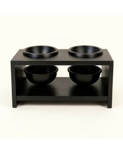 Oak Arc Pet Feeding Stand With Two Plain Empty Bowls (synthetic illustration; no displayed measurements)