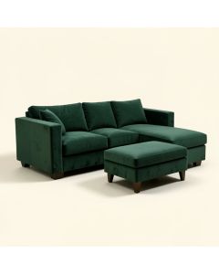 Dilbagh Velvet Sofa & Chaise With Ottoman (synthetic illustration; no displayed measurements)