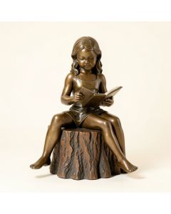 Alancia Girl Sitting On A Tree Stump , Reading Bronze Statue (synthetic illustration; no displayed measurements)