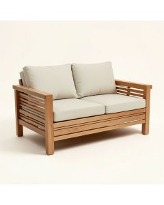 Chancy Courtyard Teak Patio Sofa With Cushions (synthetic illustration; no displayed measurements)