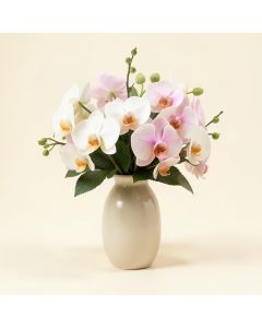 Double Orchids Floral Arrangement In Vase (synthetic illustration; no displayed measurements)