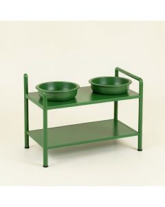 Pine Arc Pet Feeding Stand With Two Plain Empty Bowls (synthetic illustration; no displayed measurements)