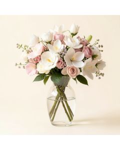 Real Touch Magnolia Floral Arrangement And Centerpiece In Glass Vase (synthetic illustration; no displayed measurements)