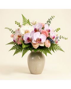 Fern And Foliage Orchid Floral Arrangement In Vase (synthetic illustration; no displayed measurements)