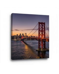 Panoramic Suspension Bridge With City Skyline At Dusk (synthetic illustration; no displayed measurements)