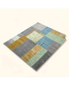 Ruby Constance Mid-Century Modern Geometric Squares Gray/Gold/Mint Blue Area Rug (synthetic illustration; no displayed measurements)