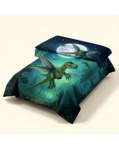 Dinosaur Cartoon Dinosaurs Flying On Full Moon Night Enchanted Forest Duvet Cover Set (synthetic illustration; no displayed measurements)