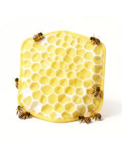 3Drose Pretty Honey Bees Around Bee Hive On Honeycomb Background Potholder (synthetic illustration; no displayed measurements)