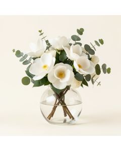 Large Real Touch White Magnolia & Eucalyptus Arrangement In Rounded Glass Vase (synthetic illustration; no displayed measurements)