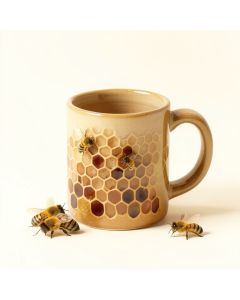 Pretty Honey Bees Around Bee Hive On Honeycomb Background Coffee Mug (synthetic illustration; no displayed measurements)