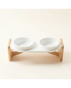 Olive Edge Pet Feeding Stand With Two Plain Empty Bowls - White (synthetic illustration; no displayed measurements)