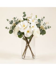 Real Touch White Magnolia & Eucalyptus Arrangement In Glass Cylinder Vase (synthetic illustration; no displayed measurements)