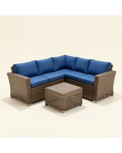 Winston Porter 3Pcs Outdoor Rattan Conversation Set Patio Furniture Set W/ Blue Cushions (synthetic illustration; no displayed measurements)