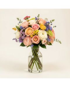 Bouquet Mixed Floral Arrangement In Glass Vase (synthetic illustration; no displayed measurements)