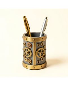 Industrial Steampunk Dual Gear Pen Holder (synthetic illustration; no displayed measurements)