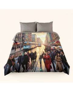Fantasy Art Urban Abstract Picture With Tramway And Human Crowd Cityscape Traffic (synthetic illustration; no displayed measurements)