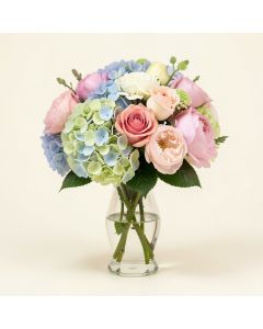 Hydrangea Rose And Peony Silk Mixed Floral Arrangement In Glass Vase (synthetic illustration; no displayed measurements)
