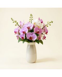 Dancing Lady Orchids Floral Arrangement In Vase (synthetic illustration; no displayed measurements)
