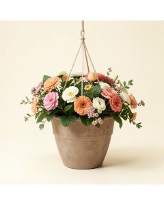 Holly Hanging Basket In Planter (synthetic illustration; no displayed measurements)