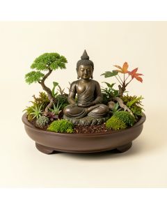 Desktop Zen Garden With Thai Buddha Figurine (synthetic illustration; no displayed measurements)
