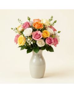 Roses Mixed Floral Arrangement In Vase (synthetic illustration; no displayed measurements)