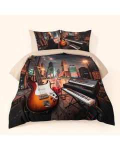Music Bass Guitar Keyboard Urban Rock Backdrop Rhythm Of City Illustration Duvet Cover Set (synthetic illustration; no displayed measurements)