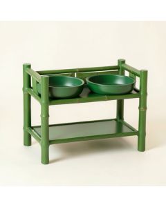 Cedar Arc Pet Feeding Stand With Two Plain Empty Bowls (synthetic illustration; no displayed measurements)