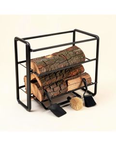 Fireplace Log Holder 2 Layer Iron Fire Wood Rack With 4 Firepit Tools Set - Brush (synthetic illustration; no displayed measurements)