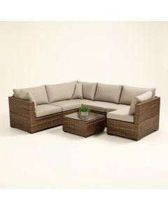 Elijah Outdoor Patio 7 Piece Rattan Sectional Seating Group With Cushions (synthetic illustration; no displayed measurements)
