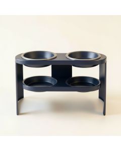 Juniper Arc Pet Feeding Stand With Two Plain Empty Bowls (synthetic illustration; no displayed measurements)