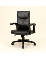 Black Leather Chair With Padded Arms (synthetic illustration; no displayed measurements)