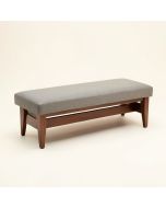 Cutts Mid-Century Modern Greyish Beige Fabric Upholstered Walnut Finished Bench (synthetic illustration; no displayed measurements)