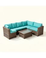 Red Barrel Studio® 4Pcs Patio Furniture Set Outdoor Rattan Sectional Sofa Set W/ Turquoise Cushions (synthetic illustration; no displayed measurements)